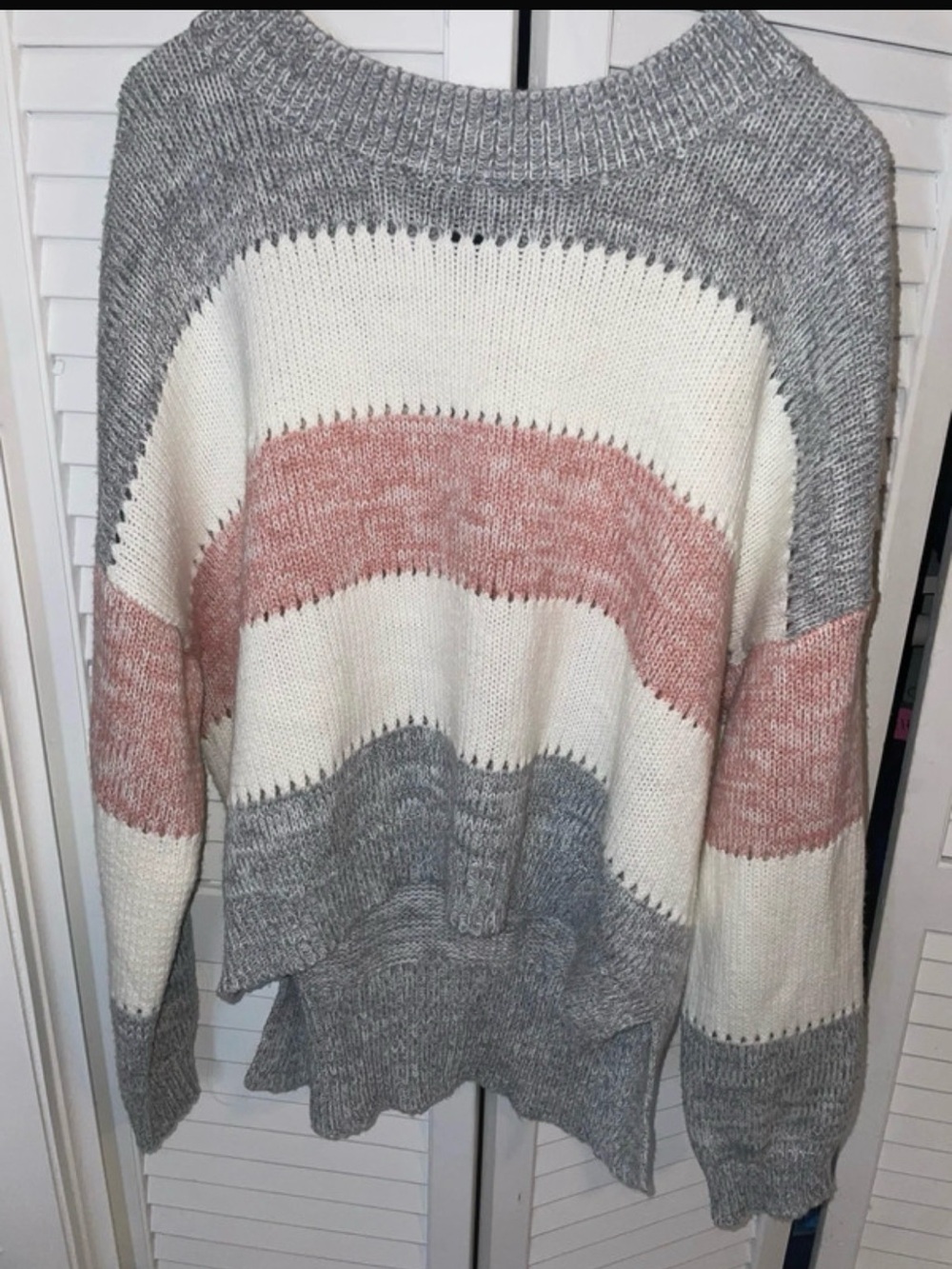 Soho Colorblock Striped Crewneck Sweater - Pink, Gray & Cream